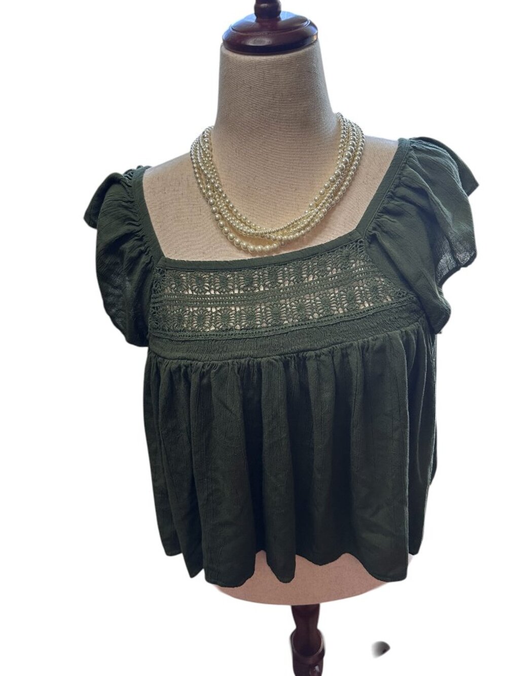 ANGIE Dark Green Boho Lace Peplum Top Size M